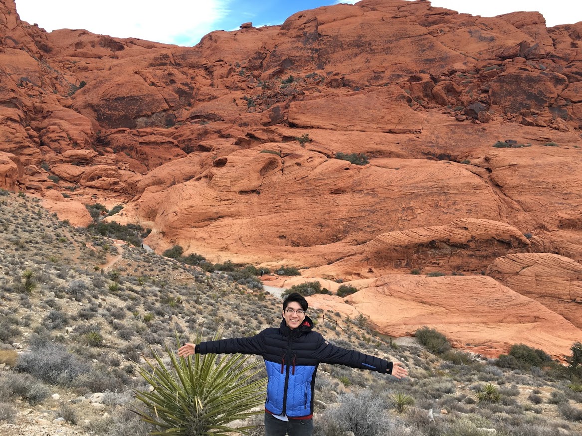 a person standing in front of a large red rock